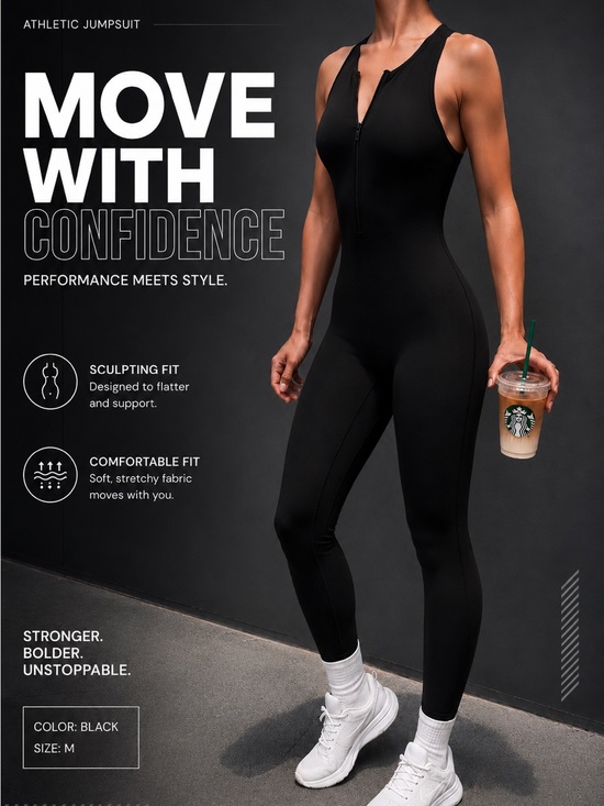 Pants - Athletic Black Jumpsuit - Performance Sculpting Fit